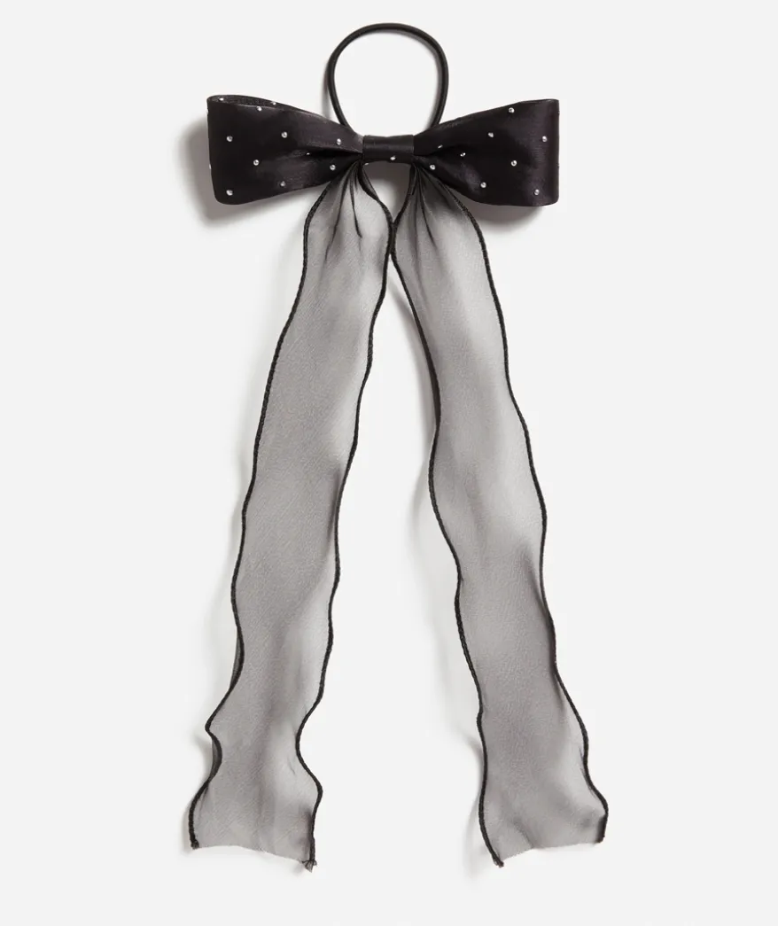 BLACK STUDDED SATIN HAIR TIE BOW