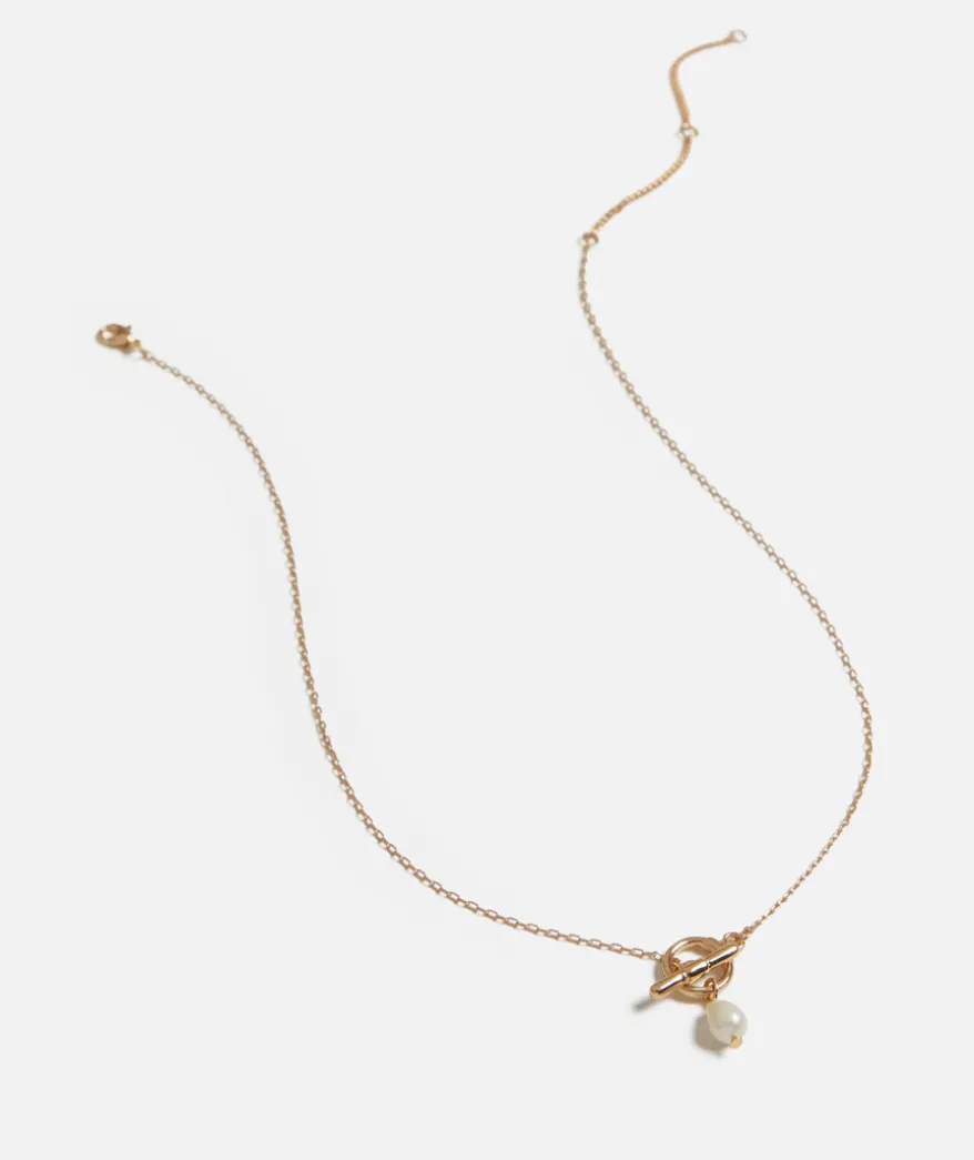 GOLD PLATED FINE PEARL AND BAR PENDANT NECKLACE