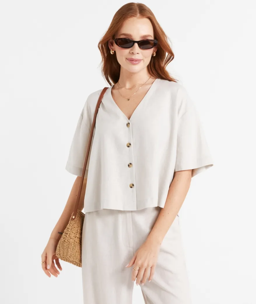 LEAH LINEN BLEND CROPPED SHIRT