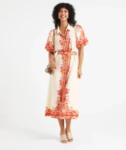 MARIAH PRINTED LINEN BLEND MIDI DRESS