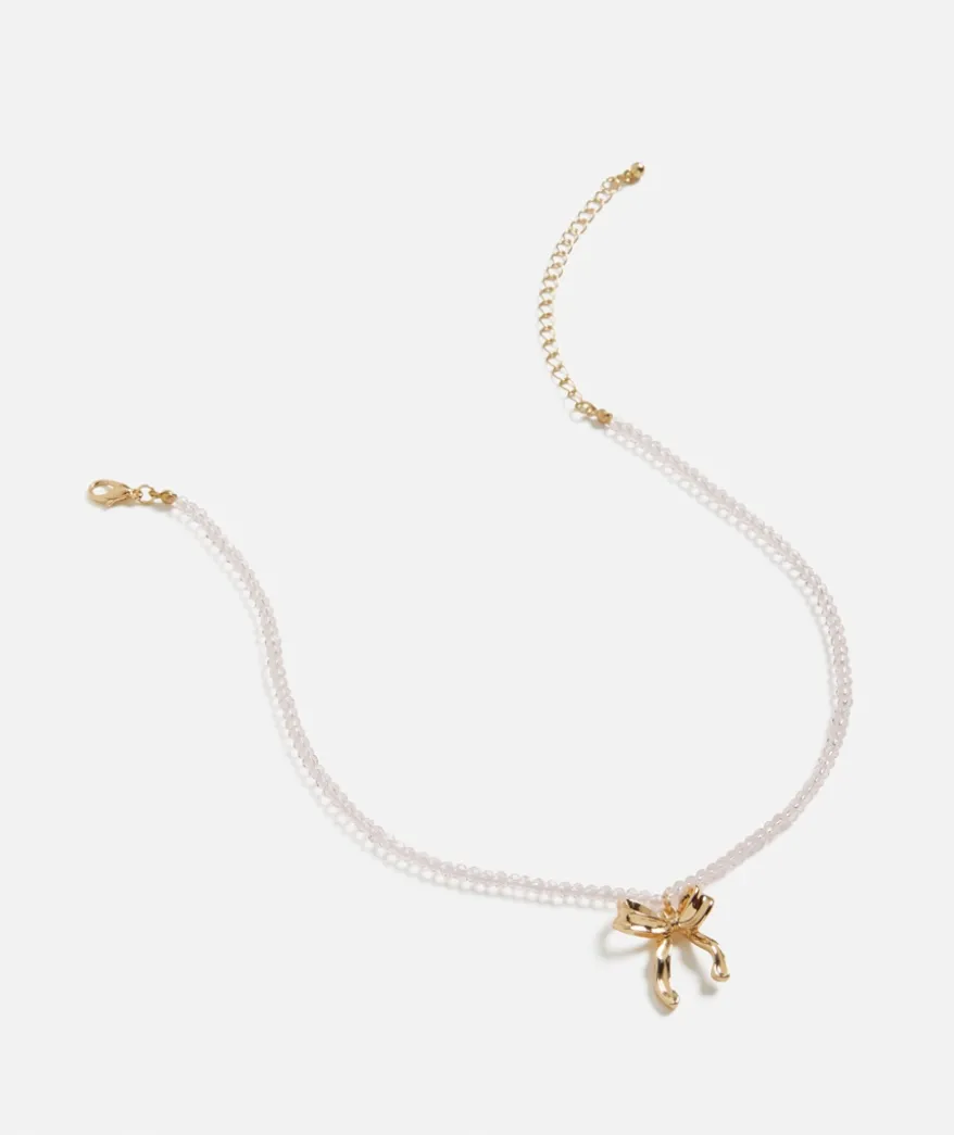 PINK BEADED BOW PENDANT NECKLACE
