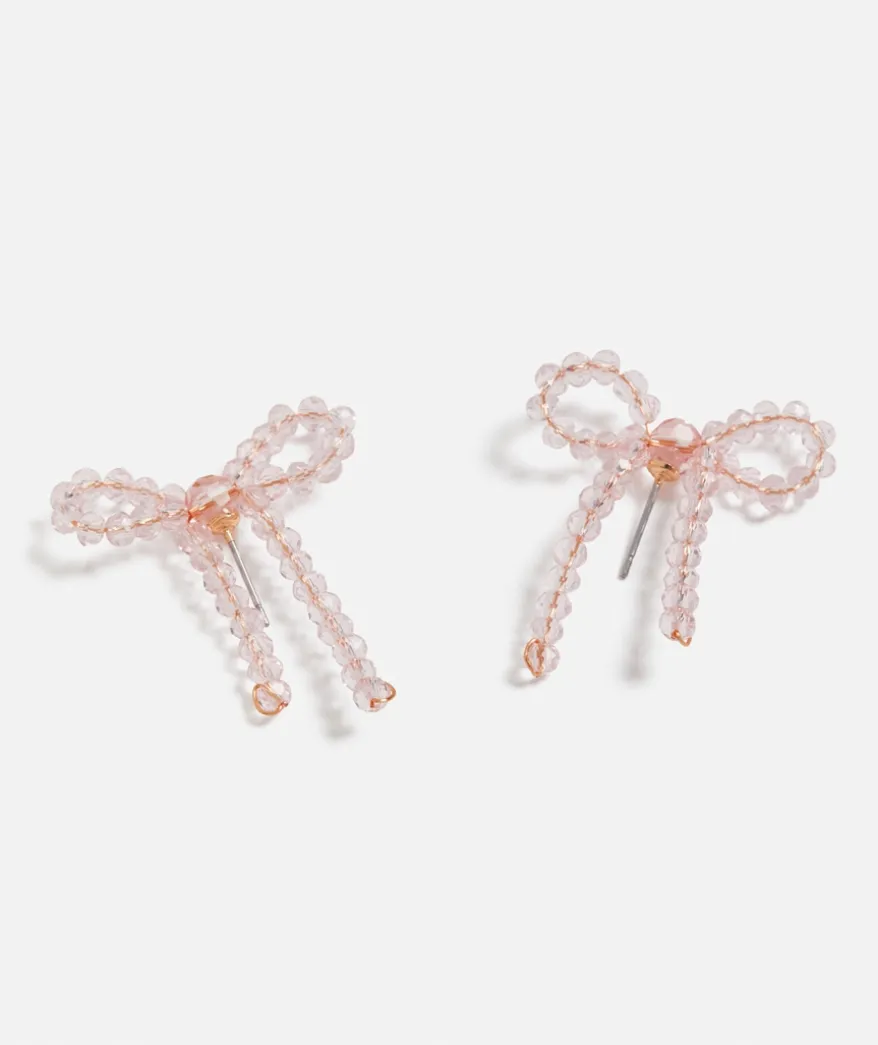 PINK BEADED BOW STUD EARRING