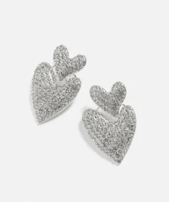 SILVER RHINESTONE HEART DROP EARRING