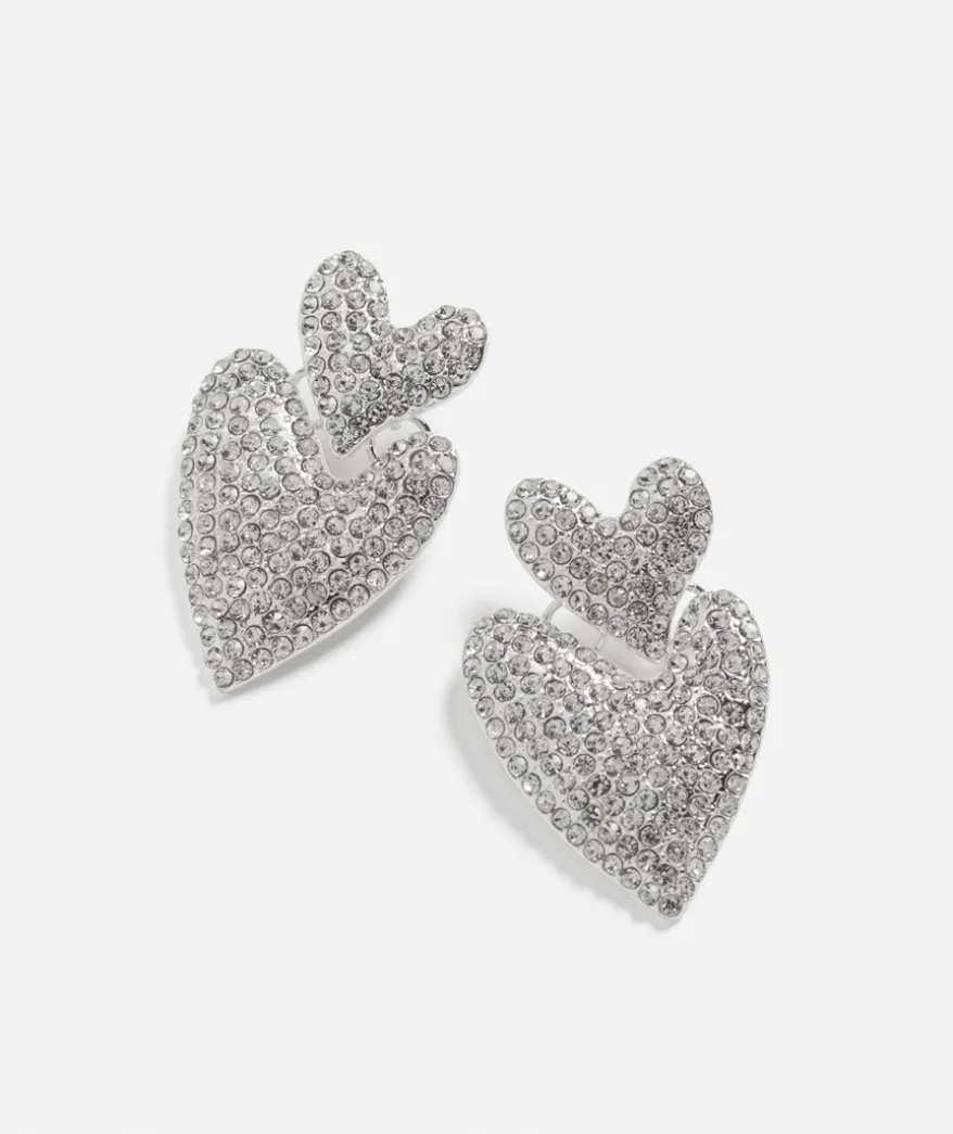 SILVER RHINESTONE HEART DROP EARRING