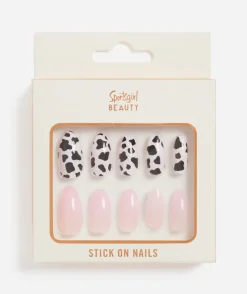 STICK ON NAILS - ALMOND - MULTI COW PRINT