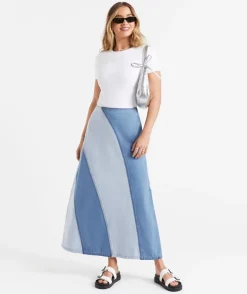 TIBBY SPLICED DENIM MAXI SKIRT