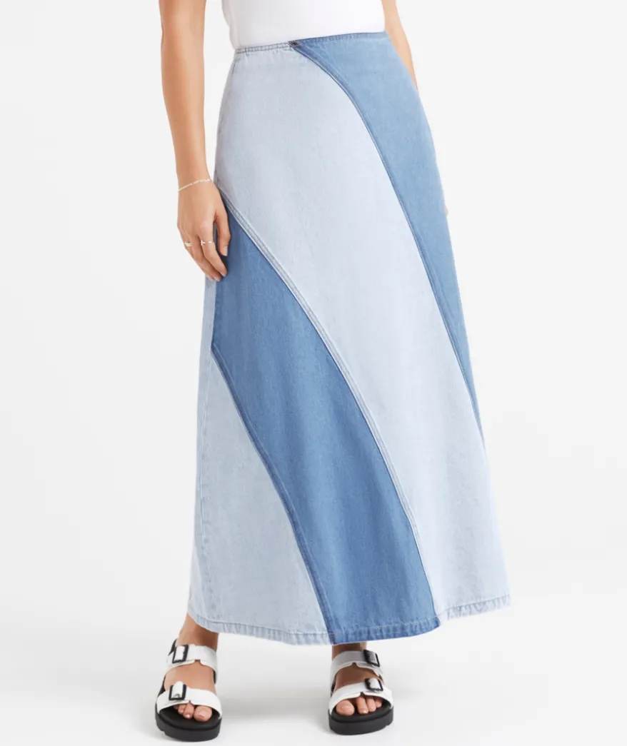 TIBBY SPLICED DENIM MAXI SKIRT
