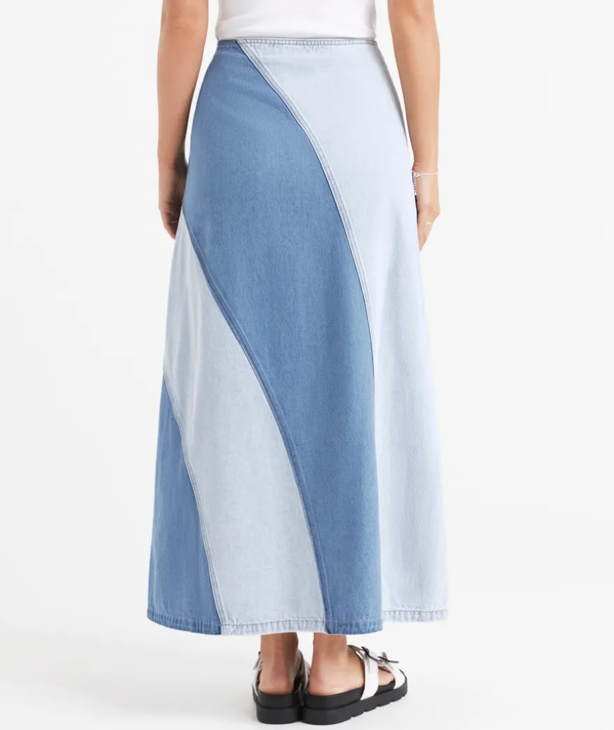 TIBBY SPLICED DENIM MAXI SKIRT